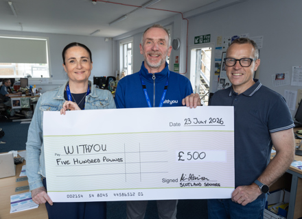 L R. Claire Mccutcheon, Head Of Service Delivery At Withyou; Johnny Lusk, Team Leader At Withyou's South Ayrshire Service; Iain Harrison, A Scotland Seniors Player