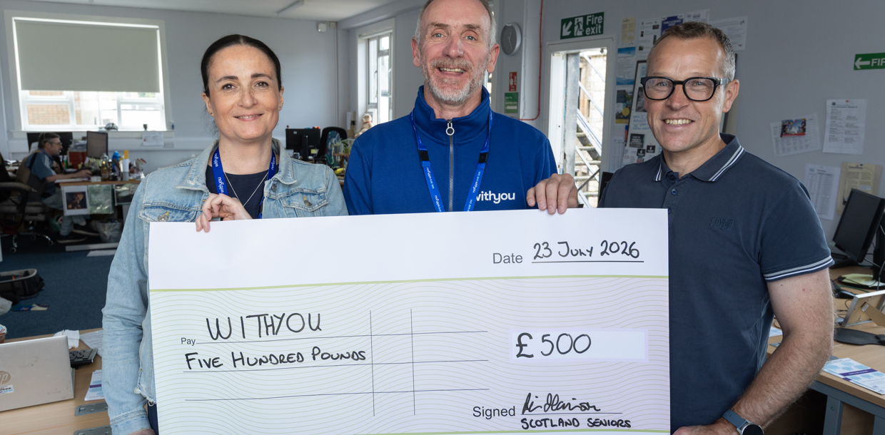 L R. Claire Mccutcheon, Head Of Service Delivery At Withyou; Johnny Lusk, Team Leader At Withyou's South Ayrshire Service; Iain Harrison, A Scotland Seniors Player