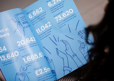 A person is reading a blue pamphlet displaying various statistics in white and illustrations of hand gestures.